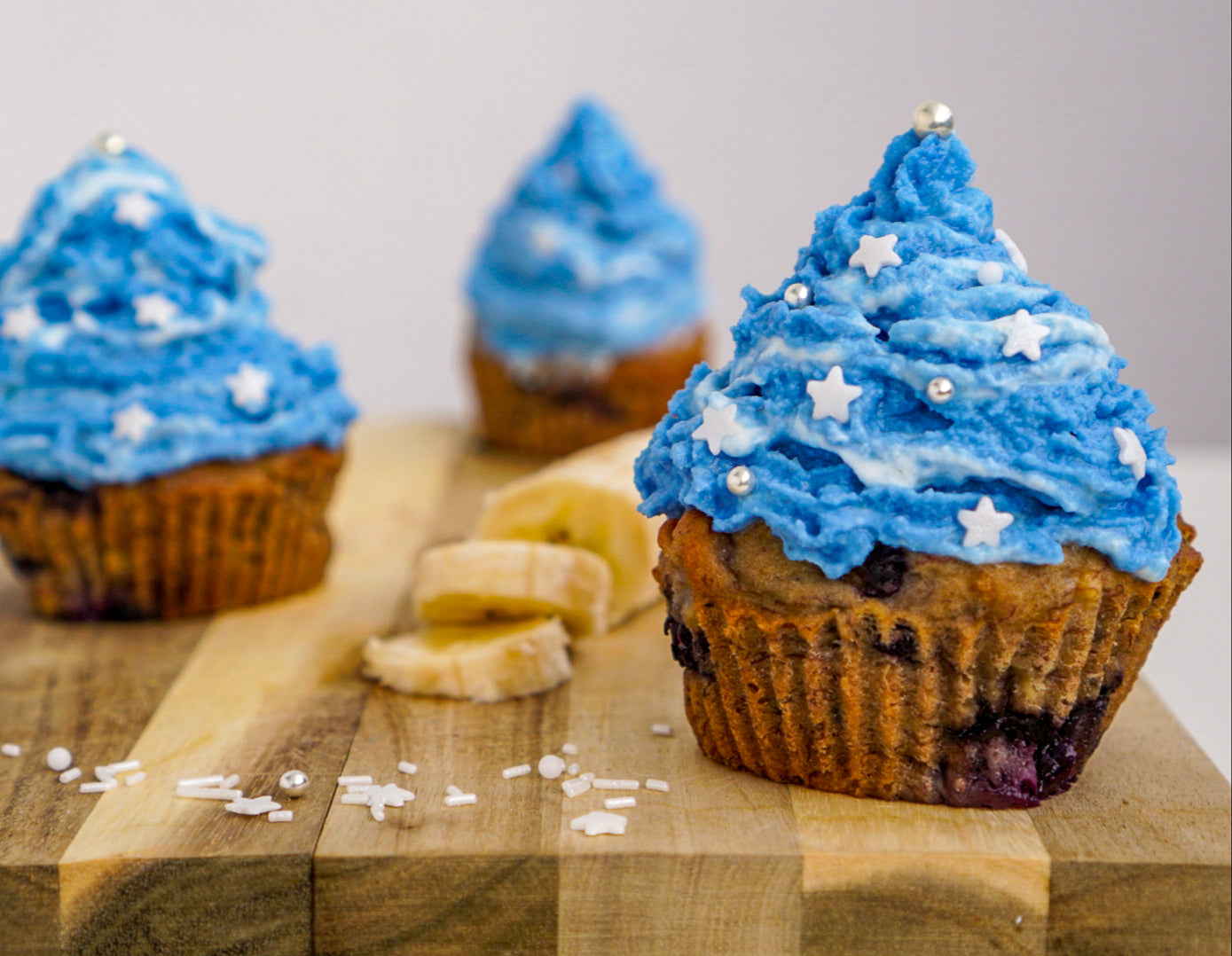 Banana Muffins with Blue Frosting