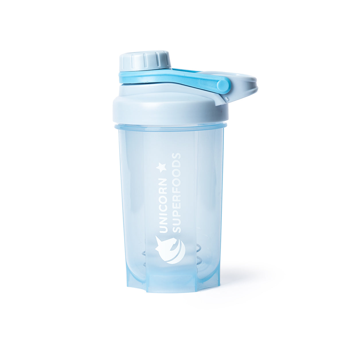 blue protein shaker bottle